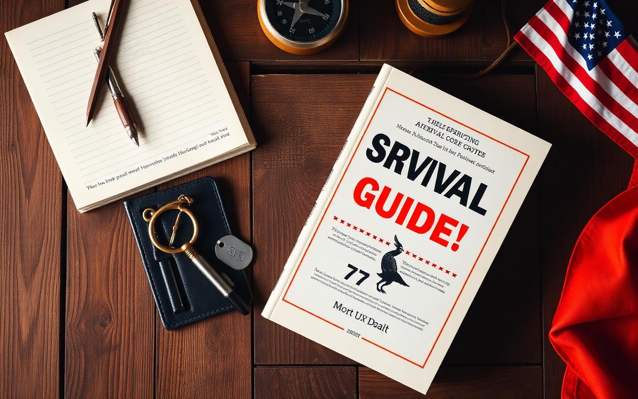 Survival guide book, compass, notebook and American flag on a wooden desk