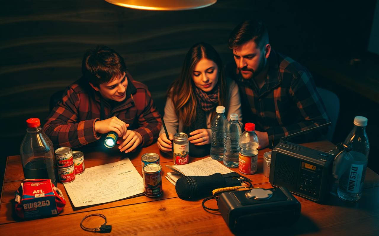 Family reviewing emergency preparedness supplies on a table
