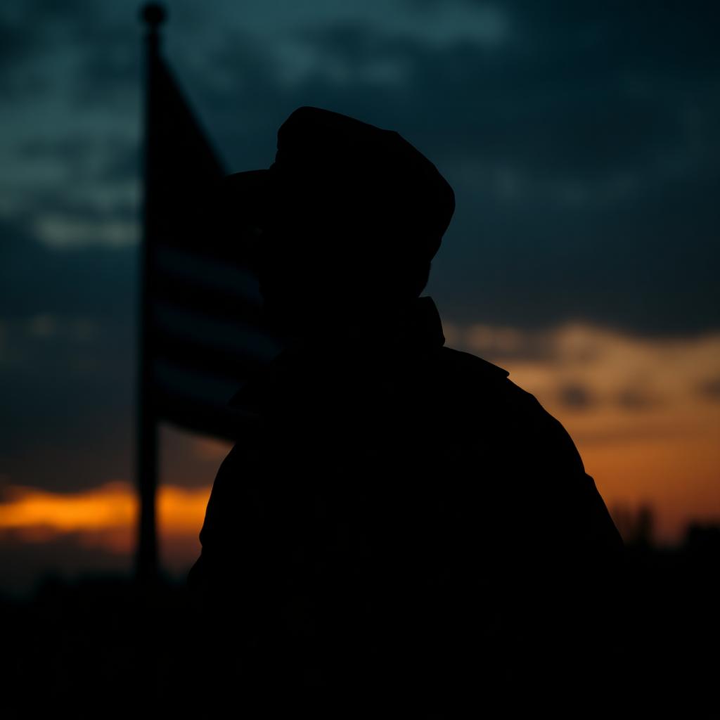 Silhouette of a combat veteran at dusk with an American flag